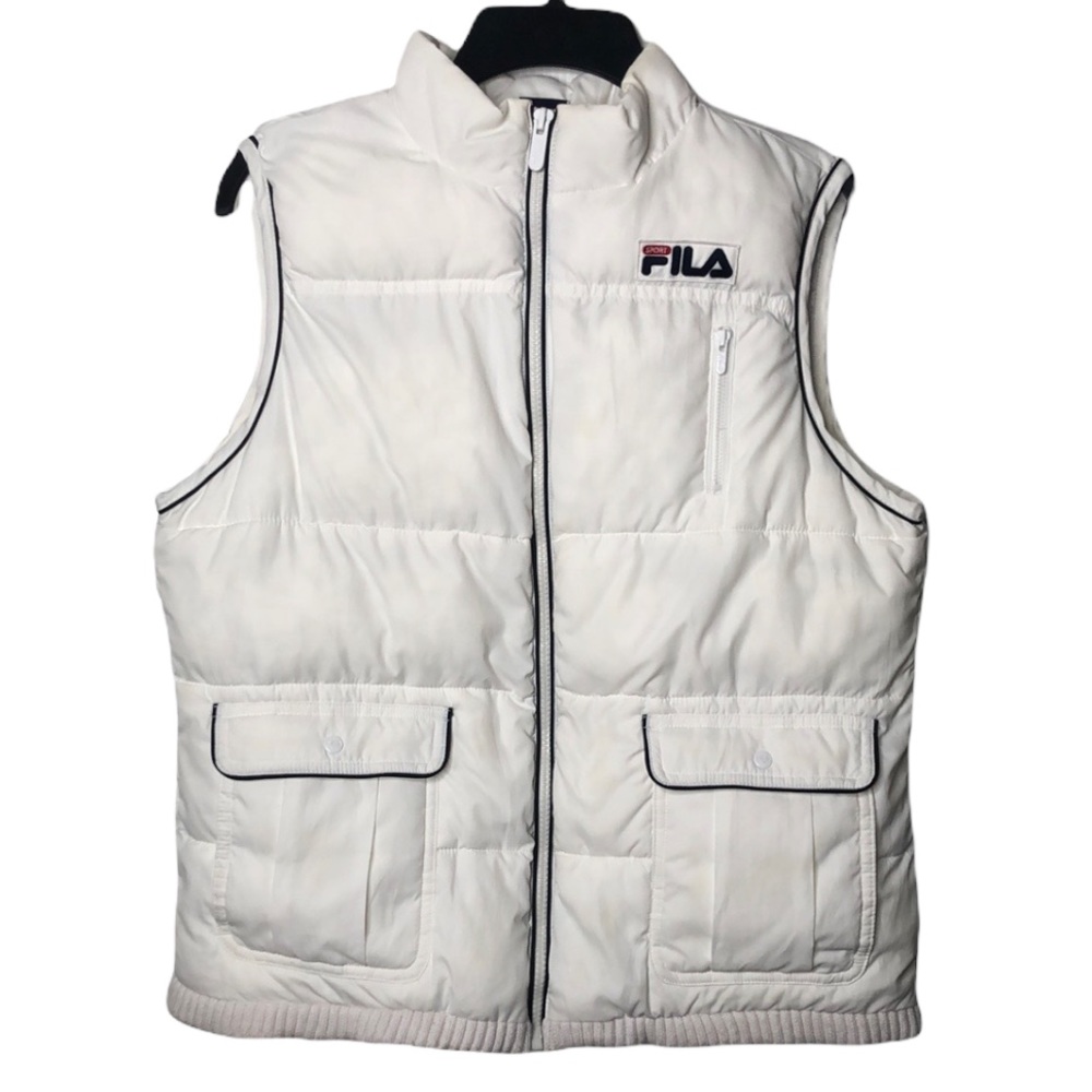 Fila Vintage Y2K White Puffer Spellout Full Zip Vest Large